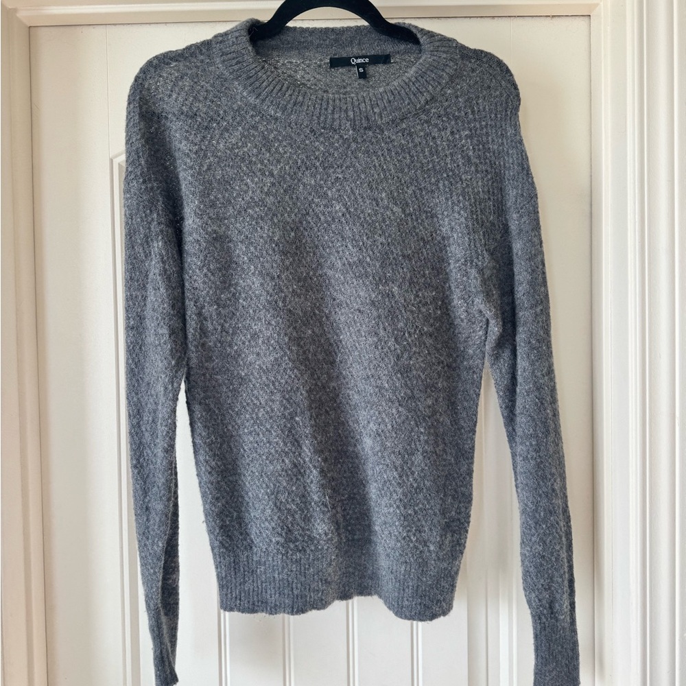 QUINCE Heather Gray Crew Neck Sweater Baby Alpaca-Wool Diamond Stitch Crew